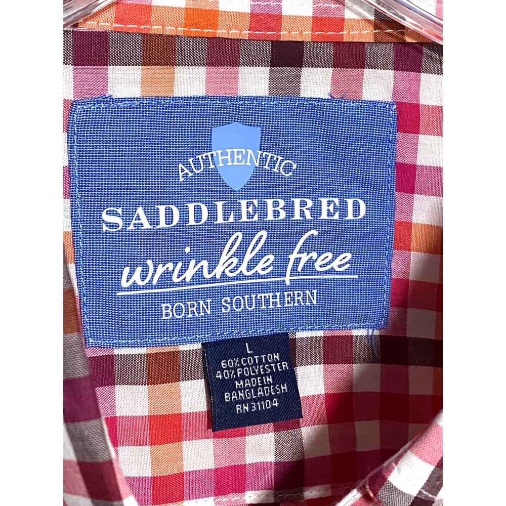 Saddlebred Wrinkle Free Button Shirt Mens L Plaid Checks Red Pink Preppy Casual - Picture 4 of 4